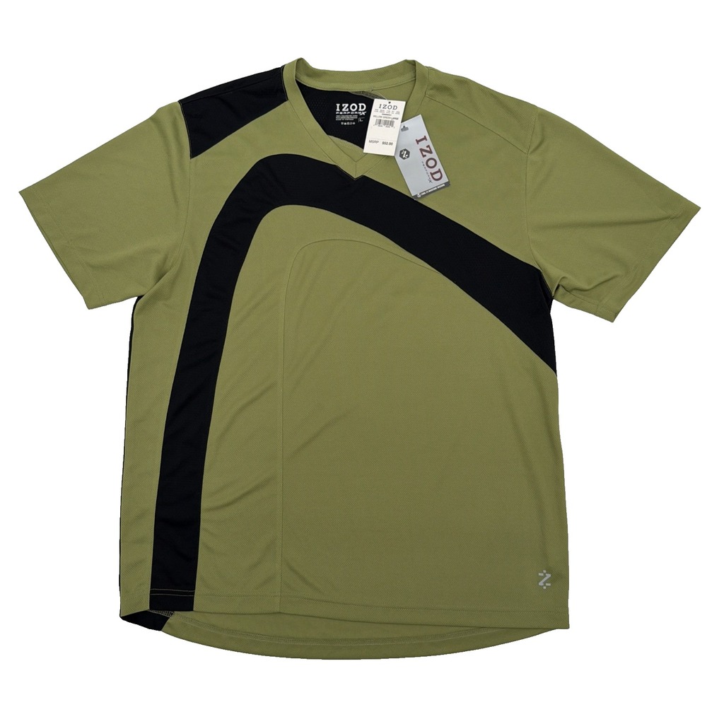 IZOD PerformanceX Mens L V-Neck Athletic Shirt Olive Green Black Contrast Panel